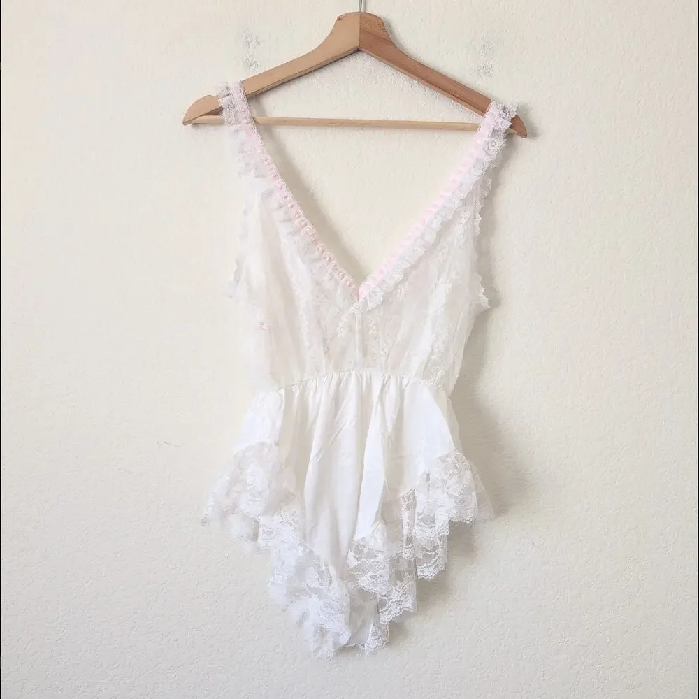 Vintage Tosca Lingerie Womens Small Lace White Bride Rose Bud Bodysuit Negligee - Picture 5 of 9